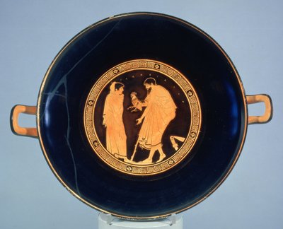 Coppa attica a figure rosse decorata con un uomo che dà un gallo a un ragazzo, c.470 a.C. (ceramica) da Euaichme Painter