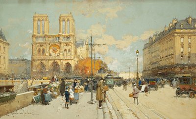 Figure su una Strada Parigina Assolata, Notre Dame a Sinistra da Eugene Galien Laloue