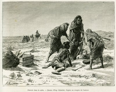 Sepoltura nella sabbia. Incisione di Eugene Girardet, per illustrare il racconto Cinque mesi tra i mori nomadi del Sahara occidentale, nel 1887, di Camille Douls, in Le Tour du monde 1888, sotto la direzione di Edouard Charton (1807-1890), Hachette, Parigi da Eugene Alexis Girardet