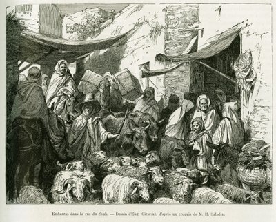 Imbarazzo nella via del souk di Teboursouk. Incisione di Eugene Girardet, per illustrare la storia 