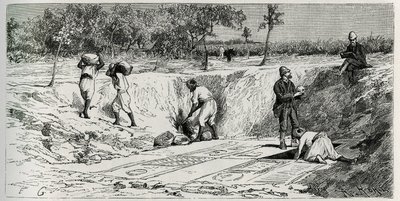 Scavi nel cimitero cristiano di Lamta, con entrambi i responsabili della missione. Incisione di Eug. Girardet, per illustrare la storia "Il viaggio in Tunisia", di Rene Cagnat da Eugene Alexis Girardet