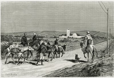 Il nostro rimorchio si muove. Inciso da Eugene Girardet, per illustrare il racconto “Viaggio in Tunisia”, di Rene Cagnat (1852-1937) storico e Henri Saladin (1851-1923), architetto, commissionato nel 1882-1883, dal Ministero della Pubblica Istruzione. Pubb da Eugene Alexis Girardet