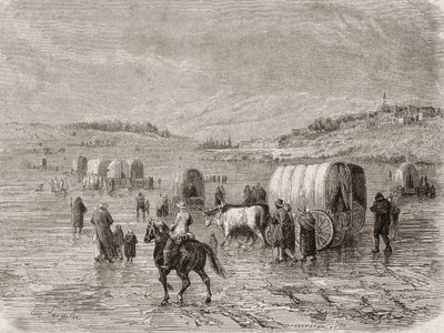 Un convoglio di carri diretto a ovest negli anni 1860, inciso da Stephane Pannemaker (1847-1930) da Eugene Antoine Samuel Lavieille