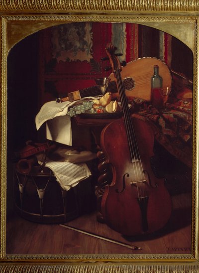 Natura morta con strumenti musicali. Dipinto di Eugene Appert da Eugene Appert