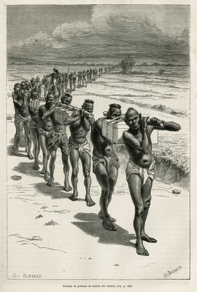 Colonna di portatori attraverso le risaie, tra Bassac e Hue, incisione da un disegno di Eugene Burnand, per illustrare la storia del Laos e delle popolazioni selvagge dell