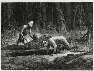 Dr. Harmand e il suo aiutante Annamita, che conducono esumazioni clandestine di sepolture Khas, ad Attopeu (Laos), incisione di Eugene Burnand, per illustrare la storia del Laos e delle popolazioni selvagge dell