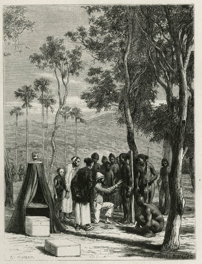 Il dottor Harmand procede a misurazioni antropologiche sugli indigeni Khas, a Attopeu (Laos), incisione di Eugene Burnand, per illustrare la storia del Laos e delle popolazioni selvagge dell