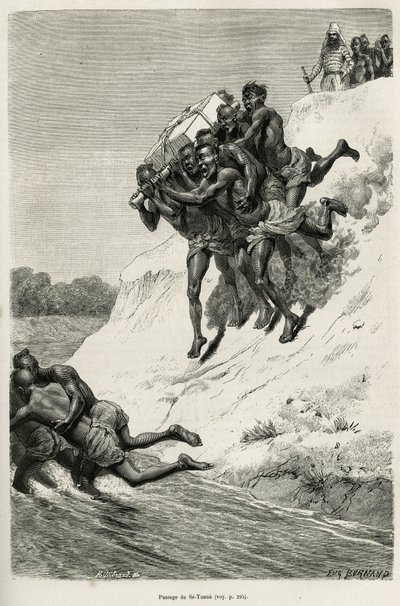 Il passaggio del fiume Se Touon (Se Touon), sullo sfondo, un ritratto del narratore viaggiatore, inciso dal disegno di Eugene Burnand, per illustrare la storia del Laos e delle popolazioni selvagge dell