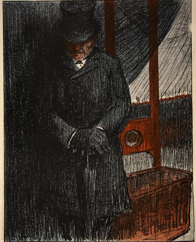 Un impresario funebre attende la sua prossima vittima presso la ghigliottina, illustrazione da 