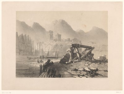 Veduta urbana con porto e montagne da Eugene Ciceri