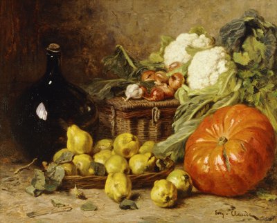 Natura morta con una brocca di vino, un cesto, pere, cipolle, cavolfiori, cavoli, aglio e una zucca da Eugene Claude