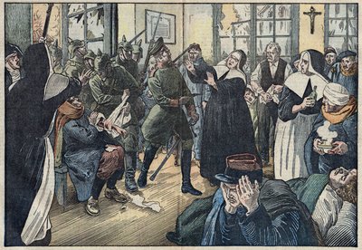 1914, Prima Guerra Mondiale: Amelie Rigard, conosciuta come Suor Julie, difende i feriti del suo ospedale contro i soldati tedeschi. Gerbeviller, Meurthe e Mosella. Illustrazione di Damblans. In 