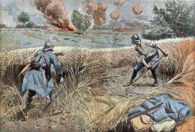 Un artigliere francese falcia il grano per uccidere i tedeschi, disegno di Damblans dal giornale francese 