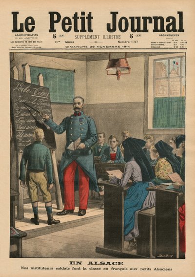 Alsazia, i nostri insegnanti soldati che insegnano il francese ai bambini alsaziani, illustrazione di copertina da 