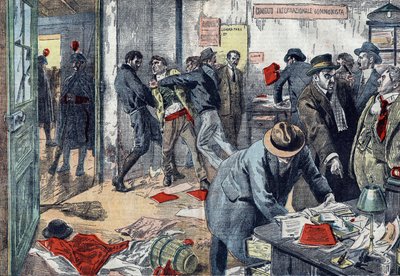 Benito Mussolini fece arrestare in massa i comunisti a Trieste, Italia, nel febbraio 1923; perquisizione degli uffici del giornale Lavoratore. Disegno di Damblans in Le Pelerin del 1923 da Eugene Damblans
