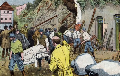Corpo del generale americano Dunlop morto per aver salvato la signora Briant sotto il crollo delle dipendenze del castello di Fariniere (Francia) disegno di Damblans dal giornale francese 