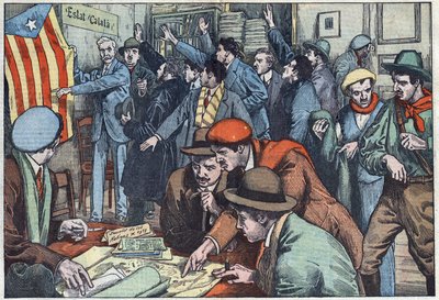 I separatisti catalani preparano il loro complotto a Parigi. Illustrazione di Damblans. In "Le Pelerin" del 28 novembre da Eugene Damblans