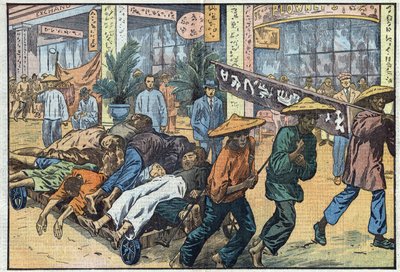 Guerra civile tra nazionalisti e comunisti in Cina: dopo i disordini comunisti a Canton, i cadaveri delle vittime sono ammucchiati su carri. Illustrazione di Damblans. In “Le Pèlerin” del 4 marzo da Eugene Damblans