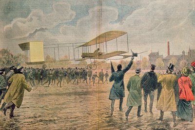 Henri Farman (1874-1958) a Issy-les-Moulineaux nel suo aereo Voisin-Farman 1, illustrazione da 
