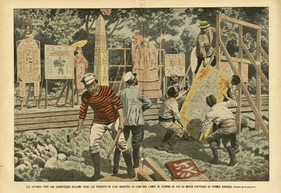 Illustrazione di Eugene Damblans (1865-1945) in Le Pelerin, 03/09/05 - I giapponesi fanno una rivendicazione gigantesca per i prodotti della loro industria lungo le linee ferroviarie con manifesti di varie forme - Pubblicità, Giappone, Ferrovia Treno, Mani da Eugene Damblans