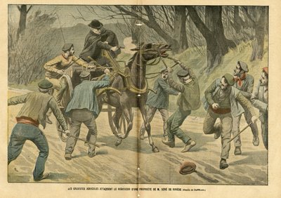 Illustrazione di Eugene Damblans (1865-1945) in Le Pèlerin, 31/01/04 - Gli scioperanti agricoli attaccano il regista di una proprietà di M. Sere de Riviere da Eugene Damblans