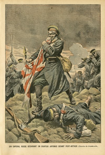 Illustrazione di Eugene Damblans (1865-1945) in Le Pelerin, 01/01/05 - Un caporale russo strappa una bandiera giapponese davanti a Port Arthur - Russia, Giappone, Port Arthur, Guerra russo-giapponese, Combattimento, Fucili - Soldati, Caporale da Eugene Damblans