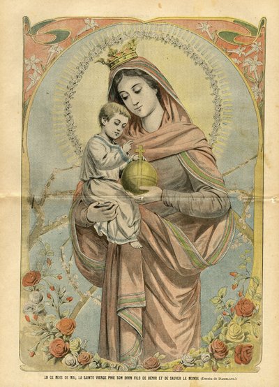 Illustrazione di Eugene Damblans (1865-1945) in Le Pèlerin, 01/05/04 - In questo mese di maggio, la Beata Vergine prega il suo divino figlio di benedire e salvare il mondo da Eugene Damblans