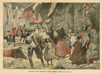 Illustrazione di Eugene Damblans (1865-1945) in Le Pelerin, 02/09/06 - Una scena del terribile terremoto - Fatti vari, America Latina, Terremoto, Cile, Valparaiso da Eugene Damblans