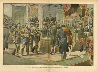 Illustrazione di Eugene Damblans (1865-1945) in Le Pèlerin, 03/04/04 - In Giappone, il Mikado presiede la sessione di apertura del parlamento da Eugene Damblans