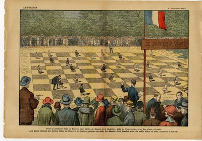 Illustrazione di Eugene Damblans (1865-1945) in Le Pelerin, 04/09/27 - Per la prima volta in Francia, una partita di dame... Scacchiera vivente - Gioco, Passatempi, Folla, Dama da Eugene Damblans