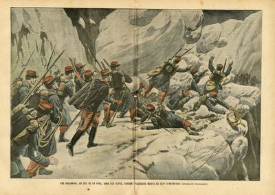 Illustrazione di Eugene Damblans (1865-1945) in Le Pèlerin, 06/03/04 - Una valanga, al passo del Pare, nelle Alpi, causa diverse morti al 157° di fanteria da Eugene Damblans