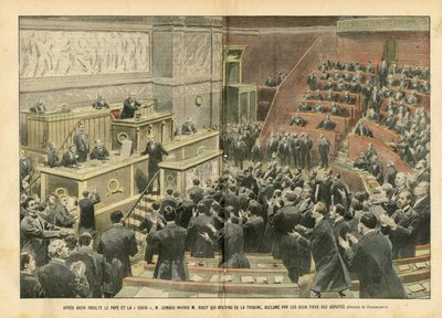 Illustrazione di Eugene Damblans (1865-1945) in Le Pèlerin, 06/11/04 - Dopo aver insultato il Papa e la Croce, M. Combes ha insultato M. Ribot che è sceso dal podio, acclamato da due terzi dei deputati da Eugene Damblans