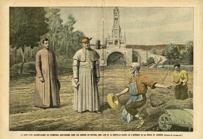 Illustrazione di Eugene Damblans (1865-1945) in Le Pelerin, 20/08/05 - Il Santo Padre durante la sua passeggiata quotidiana nei giardini del Vaticano, non lontano dalla cappella eretta in onore della Vergine di Lourdes - Religione Fede, Agricoltura, Vatica da Eugene Damblans