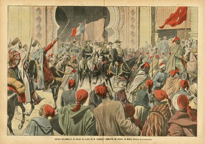 Illustrazione di Eugene Damblans (1865-1945) in Le Pelerin, 20/10/07 - Ingresso solenne al Palazzo di Rabat da parte del Sig. Regnault, Ministro di Francia in Marocco - Colonizzazione, Architettura urbanistica, Marocco, Visita ufficiale da Eugene Damblans