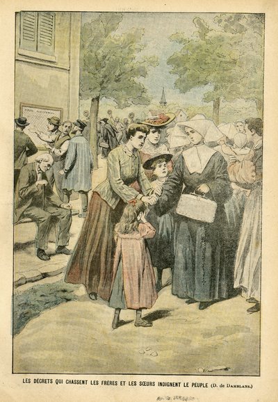 Illustrazione di Eugene Damblans in Le Pelerin, 24/07/04 - I decreti che cacciano fratelli e sorelle indignano il popolo da Eugene Damblans