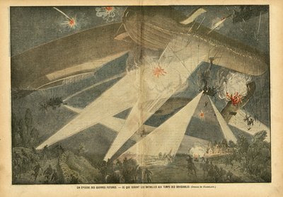 Illustrazione di Eugene Damblans (1865-1945) in Le Pelerin, 24/11/07 - Un episodio delle guerre future - Come saranno le battaglie al tempo dei dirigibili - Guerra, Palloni dirigibili zeppelin aerostazione, Notturno, Combattimento da Eugene Damblans