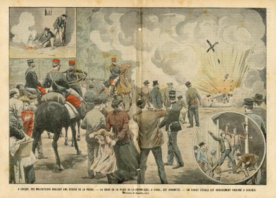 Illustrazione di Eugene Damblans (1865-1945) in Le Pèlerin, 25/09/04 - A Gracay, i criminali bruciano una statua della Vergine - La crosta della Place de la République è dinamiteata, un Cristo scolastico è odiosamente profanato a Caulnes da Eugene Damblans