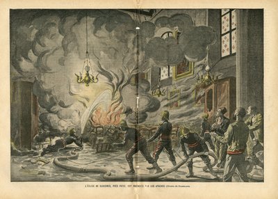 Illustrazione di Eugene Damblans (1865-1945) in Le Pelerin, 26/06/04 - La chiesa di Suresnes, vicino a Parigi, è bruciata dagli Apache - Fatti vari, Religione Fede, Insicurezza, Cattedrale Chiese, Incendio, Suresnes, Cattolico Cattolicesimo - Apache da Eugene Damblans