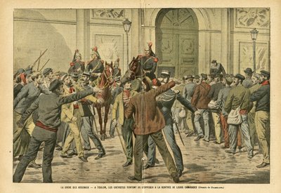 Illustrazione di Eugene Damblans (1865-1945) in Le Pèlerin, 26/11/05 - Lo sciopero degli arsenali a Tolone, i grevisti cercano di opporsi all