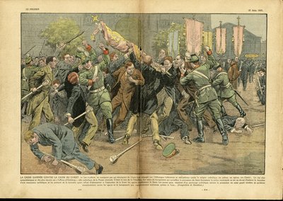 Illustrazione di Eugene Damblans (1865-1945) in Le Pelerin, 27/06/37 - La croce gammata contro la croce di Cristo nella Germania hitleriana - Germania Prussia, Religione Fede, Folla, Combattimento, Croce Gammata, Croce Cristiana, Cattolico Cattolicesimo -  da Eugene Damblans