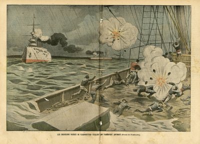 Illustrazione di Eugene Damblans (1865-1945) in Le Pelerin, 28/02/04 - Gli incrociatori russi di Vladivostok affondano un trasporto giapponese - Esercito, Marina marittima, Guerra russo-giapponese, Navi da guerra, Vladivostok - Marinai da Eugene Damblans