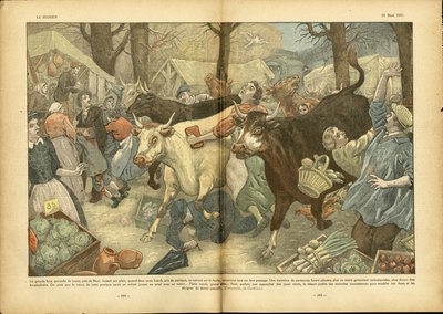 Illustrazione di Eugene Damblans (1865-1945) in Le Pelerin, 28/03/37 - La grande fiera annuale di Lezay vicino a Niort - Fatti vari, Economia, Folla, Negozi, Agricoltura, Legumi - Mucca, Manzo, Venditore ambulante da Eugene Damblans