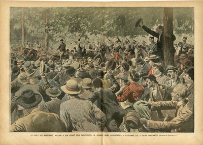 Illustrazione di Eugene Damblans (1865-1945) in Le Pelerin, 30/06/07 - La folla di Narbonnais acclama Montpellier M. Ferroul il cui arresto ha causato giorni sanguinosi - Sociale, Vino, Crisi del Vino Viticoltore Rivolta, Narbonne - Ferroul Ernest (1853-19 da Eugene Damblans