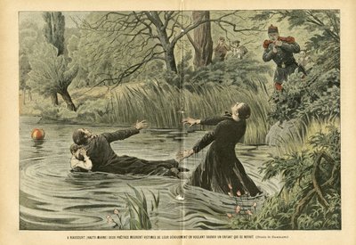 Illustrazione di Eugene Damblans (1865-1945) in Le Pèlerin, 30/07/05 - A Riaucourt (Haute-Marne) due preti muoiono vittime della loro devozione cercando di salvare un bambino annegato da Eugene Damblans