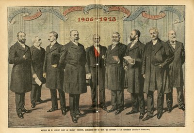 Illustrazione di Eugene Damblans (1865-1945) in Le Pelerin, 31/12/05 - Intorno a M. Loubet dona la fine del mandato, alcuni di coloro che aspirano a succedergli - Elezioni, Presidente della Repubblica - Combes Emile (1835-1921), Doumer Paul (1857-1932), Ro da Eugene Damblans