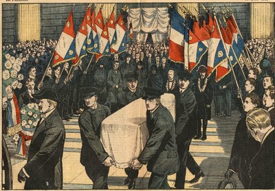 Funerali di Maurice Ridart, ucciso da agenti di polizia nella chiesa della Madeleine a Parigi. Le bandiere dei Giovani Patrioti salutano la sua bara. Illustrazione di Damblans. In 