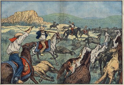 Contadini messicani sparano a cavalli selvaggi per evitare la crisi alimentare nel loro paese. Pianure di El Paso, Messico. Illustrazione di Damblans. In “Le Pelerin” del 6 ottobre da Eugene Damblans