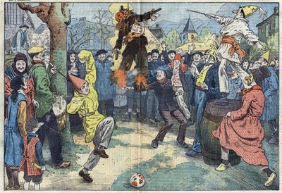 Antiche usanze: la cremazione del "Carnevale", la sera del Martedì Grasso, rappresenta i piaceri e le gioie abbandonati alla soglia della Quaresima. Illustrazione di Damblans. In "Le Pelerin" del 16 marzo. da Eugene Damblans