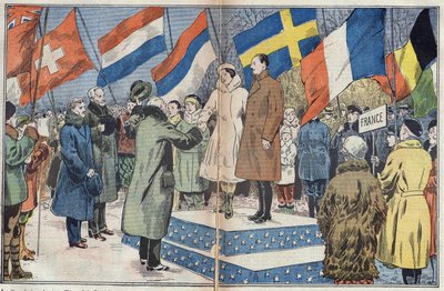 Giochi Olimpici Invernali (1932) - cerimonia di chiusura: i pattinatori francesi M. e Mrs. Brunet Joly (Brunet-Joly), campioni olimpici, sono congratulati dalla giuria. Lake Placid, USA. Illustrazione di Damblans. In "Le Pelerin" del 18 marzo da Eugene Damblans