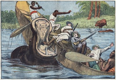 Sul Lago Vittoria, Africa, una barca occupata da missionari anglicani e indigeni viene capovolta da un ippopotamo ferito. Illustrazione di Damblans. In "Le Pelerin" del 16 maggio da Eugene Damblans